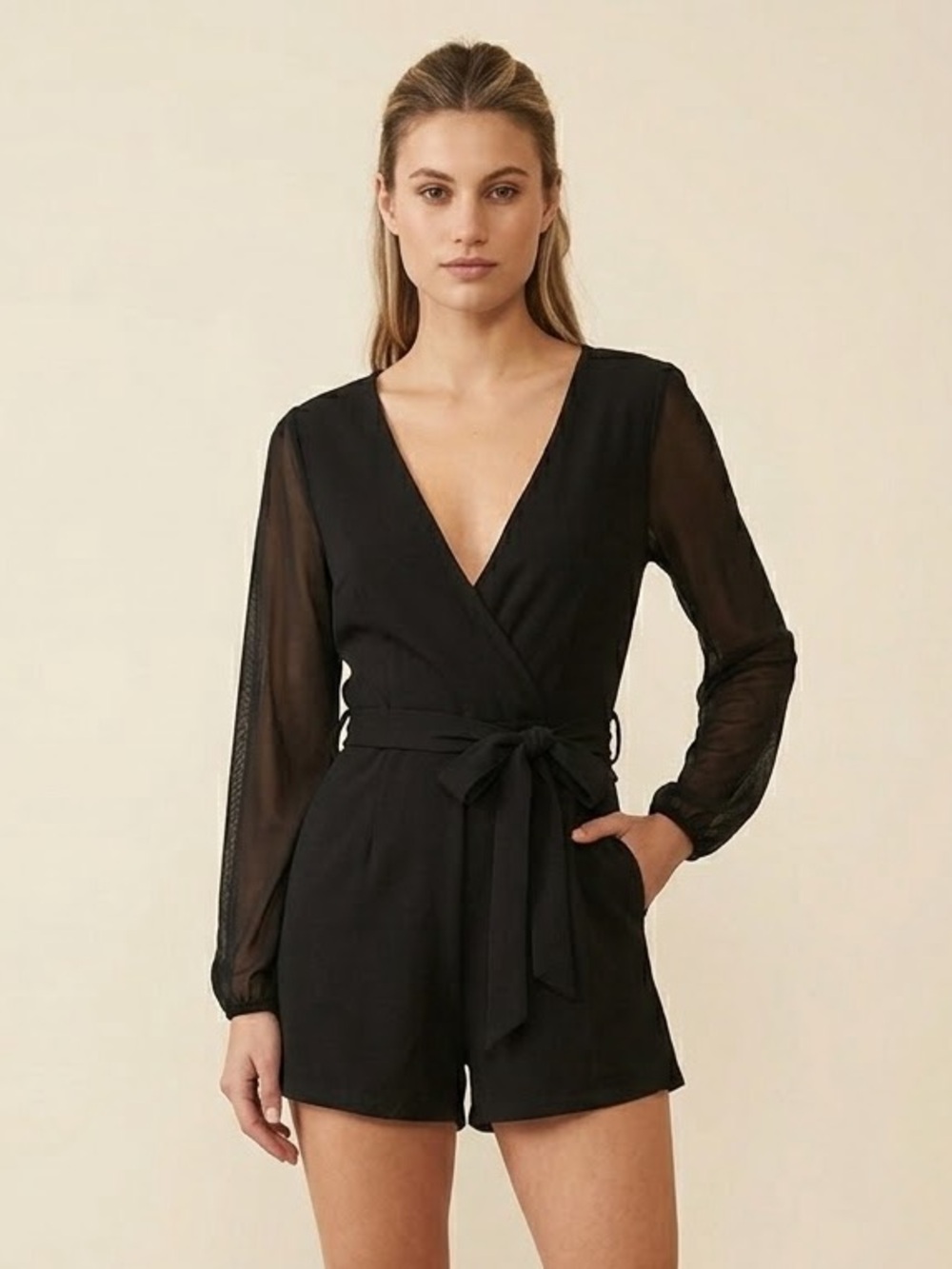 J for Justify Black Long-Sleeve Wrap Romper with Tie Waist